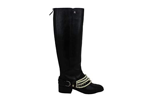CHANEL Womens G33933 Leather Closed Toe Knee High Fashion Boots, Black, Size 7.0