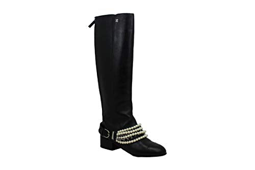 CHANEL Womens G33933 Leather Closed Toe Knee High Fashion Boots, Black, Size 7.0