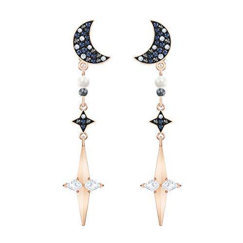 Swarovski Symbolic Collection Women's Moon Earring Jackets, with Blue Crystal Pavé Moon Studs and Dangling Crystal Stars, on a Mixed Metal Setting - JOY2ESpree