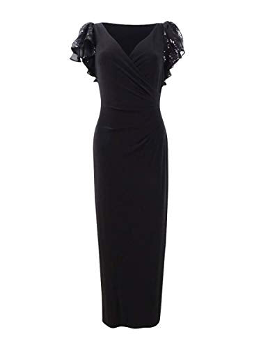 LAUREN RALPH LAUREN Womens Wanda Faux Wrap Sequined Evening Dress Black 2