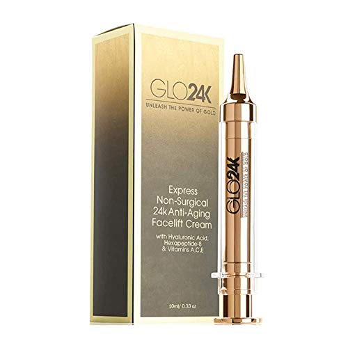 GLO24K Instant Facelift Cream with 24k Gold, Hyaluronic Acid, Peptides, and Vitamins, A,C,E. A powerful non-invasive alternative to injections.