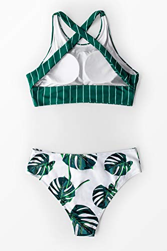 CUPSHE Women's Teal Stripe Leaves Print Criss Cross Bikini Sets
