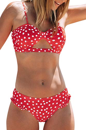 CUPSHE Women's Red Polka Dot Cutout Ruffles Back Hook Closure Bikini Sets