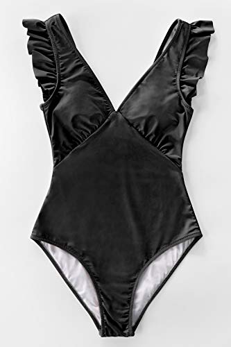 CUPSHE Women's One Piece Swimsuit V Neck Ruched Ruffle Shoulder Swimwear Bathing Suits