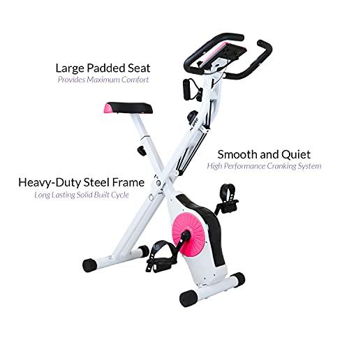Xspec Indoor Foldable Stationary Upright Exercise Cardio Workout Cycling Bike with 16-Level Resistance, Magenta/Lime - JOY2ESpree