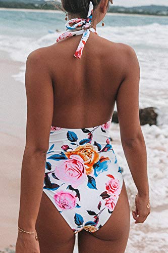 CUPSHE Women's One Piece Swimsuit Halter Plunge Neck Ruched Tummy Control Bathing Suits