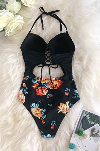 CUPSHE Women's Black Floral Print Halter Cutout High Waist One Piece Swimsuit