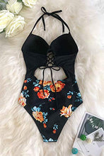 
                        
                          Load image into Gallery viewer, CUPSHE Women's Black Floral Print Halter Cutout High Waist One Piece Swimsuit
                        
                      