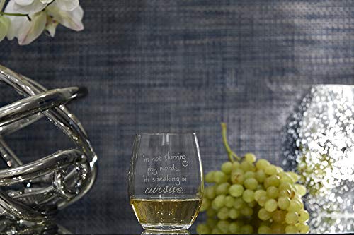 Lushy Wino – I'm Not Slurring My Words. I'm Speaking in Cursive. Cute, Novelty, Etched Stemless 18-Ounce Wine Glass with Funny Sayings in Gift Box