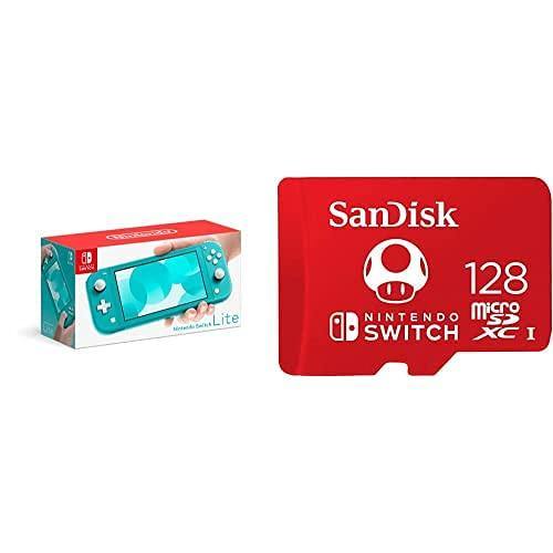 Nintendo Switch Lite - Turquoise with SanDisk 128GB MicroSDXC UHS-I Card for Nintendo Switch - JOY2ESpree