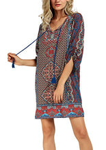 
                        
                          Load image into Gallery viewer, Women Bohemian Neck Tie Vintage Printed Ethnic Style Summer Shift Dress
                        
                      