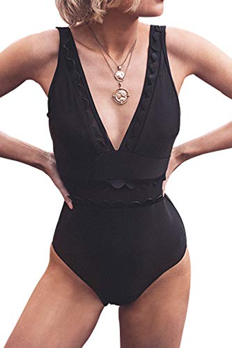 CUPSHE Women's Solid Black V Neck Mesh One Piece Swimsuit