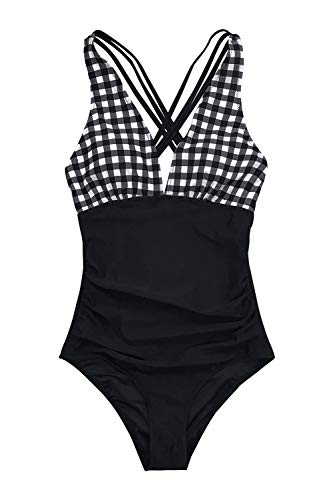 CUPSHE Women's One Piece Swimsuit V Neck Tummy Control Cross Back Vintage Swimwear Bathing Suits