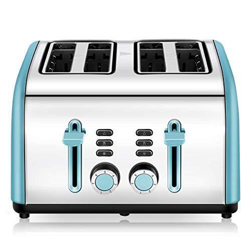 Toaster 4 Slice, CUSINAID 4 Wide Slots Stainless Steel Toasters with Reheat Defrost Cancel Function, 7-Shade Setting, Blue - JOY2ESpree