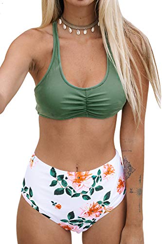 CUPSHE Women's High Waisted Bikini Floral Lace Up Two Piece Swimsuits