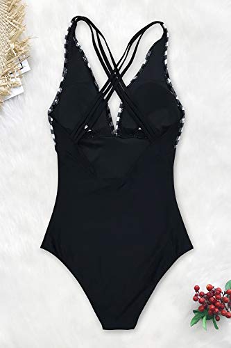 CUPSHE Women's One Piece Swimsuit V Neck Tummy Control Cross Back Vintage Swimwear Bathing Suits