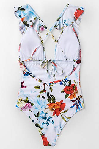 CUPSHE Women's One Piece Swimsuit Ruffle Deep V Neck Strappy Swimwear Bathing Suits