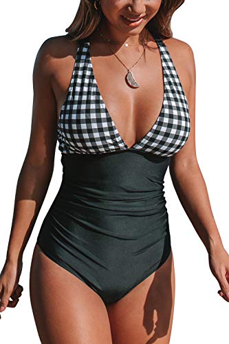 CUPSHE Women's One Piece Swimsuit V Neck Tummy Control Cross Back Vintage Swimwear Bathing Suits