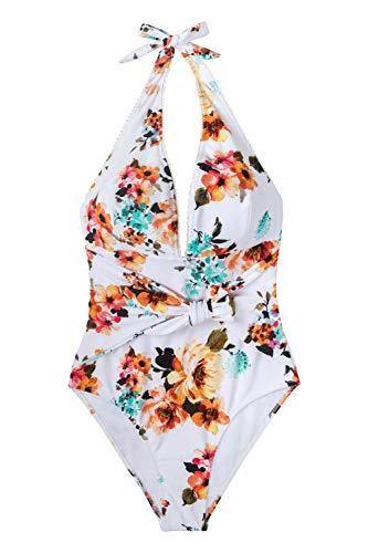 CUPSHE Women's Tie Waist Floral Print One Piece Swimsuit Halter Swimwear - JOY2ESpree