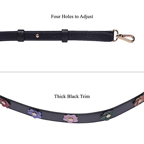 Beaulegan Wide Studded Flower Leather Purse Strap Replacement - Adjustable for Shoulder Crossbody Bag (Black/Gold Clasp)