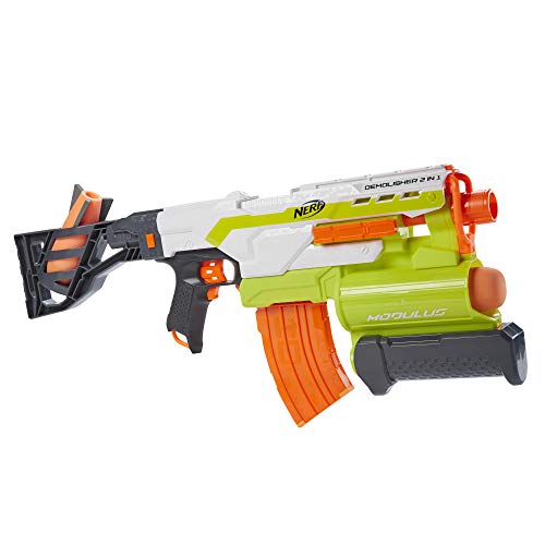 NERF Modulus Demolisher 2-in-1 Motorized Blaster, Fires Darts and Rockets, Includes 10 Elite Darts, Banana Clip, 2 Rockets, Stock (Amazon Exclusive)