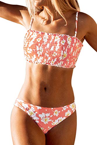 CUPSHE Women's Floral Smocked Bandeau Bikini Sets