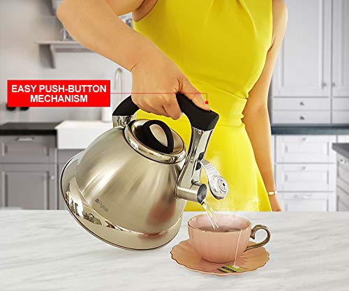 Whistling Tea Kettle with iCool - Handle, Surgical Stainless Steel Teapot for ALL Stovetops, 2 FREE Infusers Included, 3 Quart by Pykal - JOY2ESpree