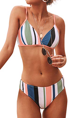 CUPSHE Women's Striped Back Hook Closure Bikini Adjustable Straps Swimsuit