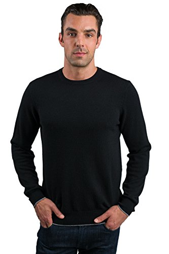 JENNIE LIU Men's 100% Cashmere Long Sleeve Crewneck Sweater (Medium, Black)