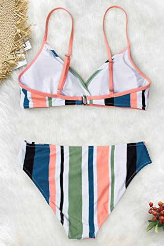 CUPSHE Women's Striped Back Hook Closure Bikini Adjustable Straps Swimsuit