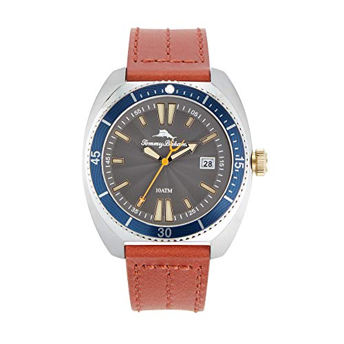 Tommy Bahama Men's Stainless Steel Japanese Quartz Leather Calfskin Strap, Brown, 22 Casual Watch (Model: 304357SLV040)