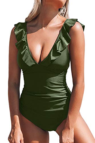CUPSHE Women's V Neck One Piece Swimsuit Ruffled Lace Up Monokini