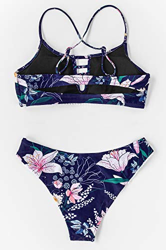 CUPSHE Women's Low Rise Navy Floral Cutout Criss Cross Bikini Swimsuit Sets