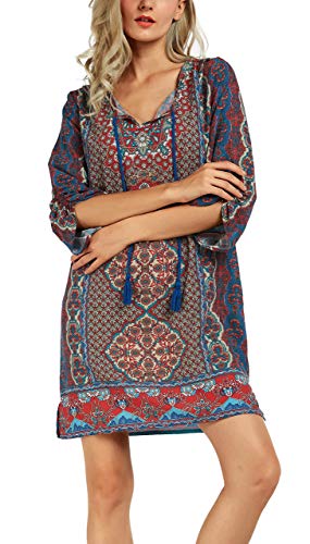 Women Bohemian Neck Tie Vintage Printed Ethnic Style Summer Shift Dress