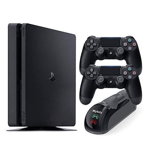 PS 4 Slim 1TB Console with Two DS4 Wireless Controller and Mytrix DS4 Fast Charging Dock - JOY2ESpree