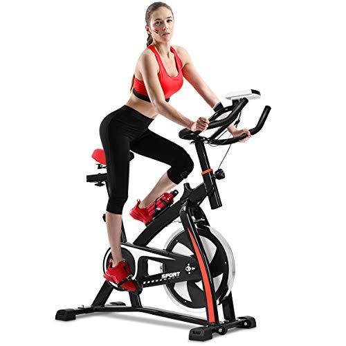 GYMAX Stationary Bike, Indoor Cycling Bike with LCD Monitor & Heart Sensor, Adjustable Resistance, Cardio Exercise Fitness Bike for Home/Office - JOY2ESpree