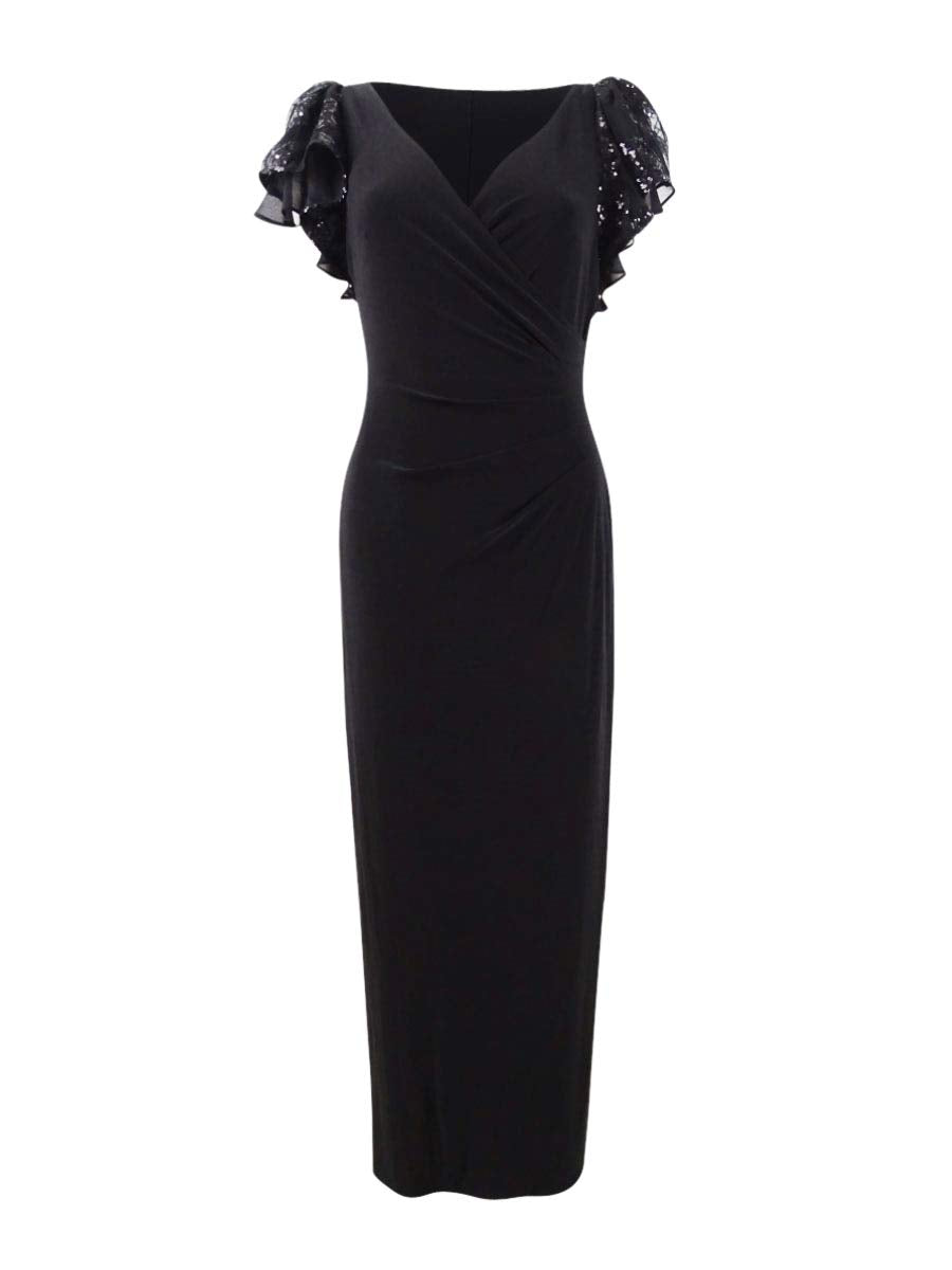 LAUREN RALPH LAUREN Womens Wanda Faux Wrap Sequined Evening Dress Black 2