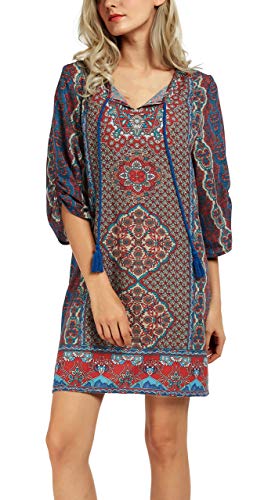 Women Bohemian Neck Tie Vintage Printed Ethnic Style Summer Shift Dress