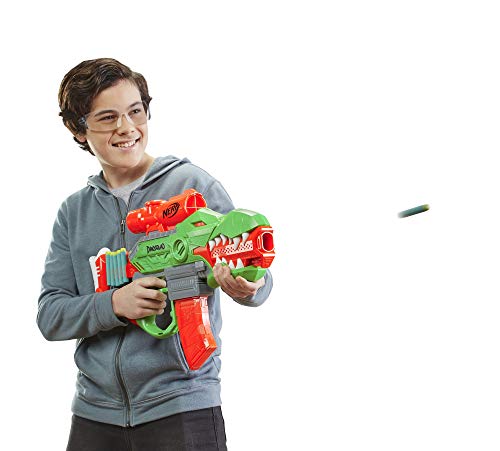 NERF DinoSquad Rex-Rampage Motorized Dart Blaster, 10-Dart Clip, 20 Official Darts, 10-Dart Storage- T-Rex Dinosaur Design