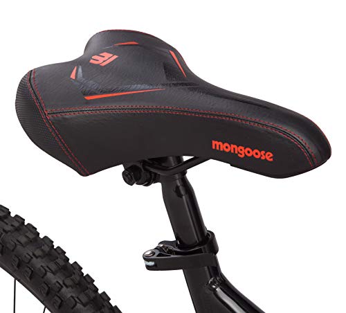 Mongoose Status 2.2 Mens and Womens Mountain Bike, 26-Inch Wheels, 21-Speed Shifters, Aluminum Frame, Front Suspension,a Black/Red