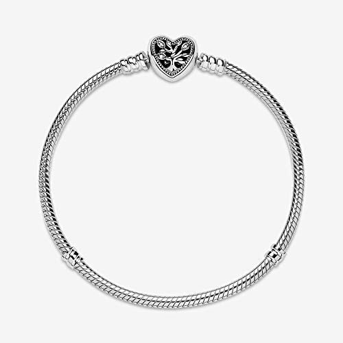 PANDORA Pandora Moments Family Tree Heart Clasp Snake Chain Bracelet, Clear CZ 925 Sterling Silver Charm Bracelet - JOY2ESpree