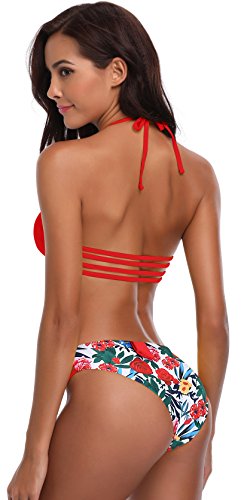 SHEKINI Women's Floral Printing Cutout Strappy Halter Swimsuits Bikini Suits