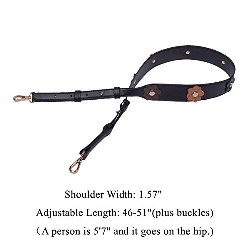 Beaulegan Wide Studded Flower Leather Purse Strap Replacement - Adjustable for Shoulder Crossbody Bag (Black/Gold Clasp)