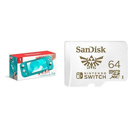 Nintendo Switch Lite - Turquoise with SanDisk 64GB MicroSDXC UHS-I Card for Nintendo Switch - JOY2ESpree