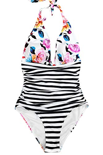 CUPSHE Women's One Piece Swimsuit Halter Plunge Neck Ruched Tummy Control Bathing Suits