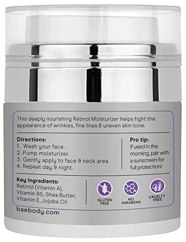 Baebody Retinol Moisturizer Cream for Face, Neck and Décolletage with Wrinkle and Acne Fighting Retinol, Jojoba Oil and Vitamin E, 1.7 Ounces