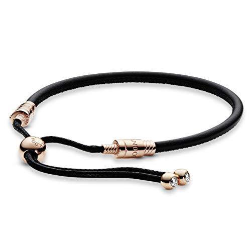 Pandora Jewelry Pandora Moments Black Leather Slider Cubic Zirconia Bracelet in Pandora Rose, 11.0" - JOY2ESpree