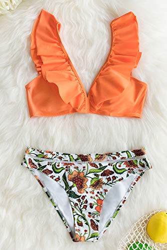CUPSHE Women's Orange Floral Bottom Ruffle Hook Closure Bikini Set