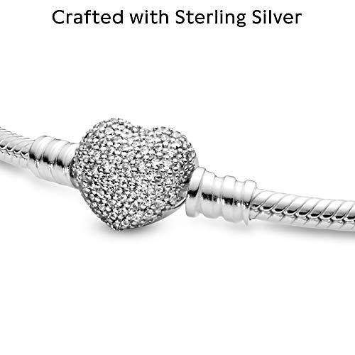 PANDORA Jewelry Moments Sparkling Heart Clasp Snake Chain Charm Cubic Zirconia Bracelet in Sterling Silver - JOY2ESpree