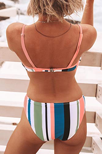 CUPSHE Women's Striped Back Hook Closure Bikini Adjustable Straps Swimsuit